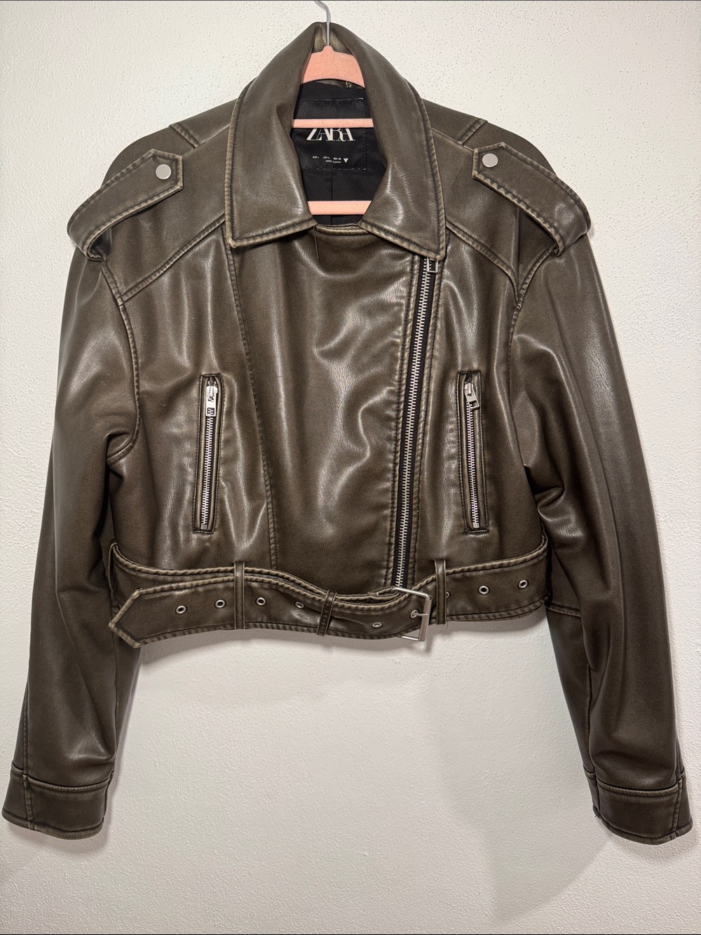 ZARA Olive Green Faux Leather Moto Jacket with Belt